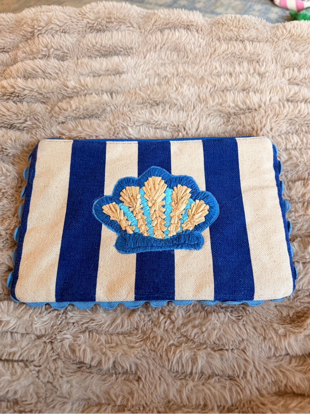 LOFT Blue White Striped Seashell Clutch Bag Coastal Summer